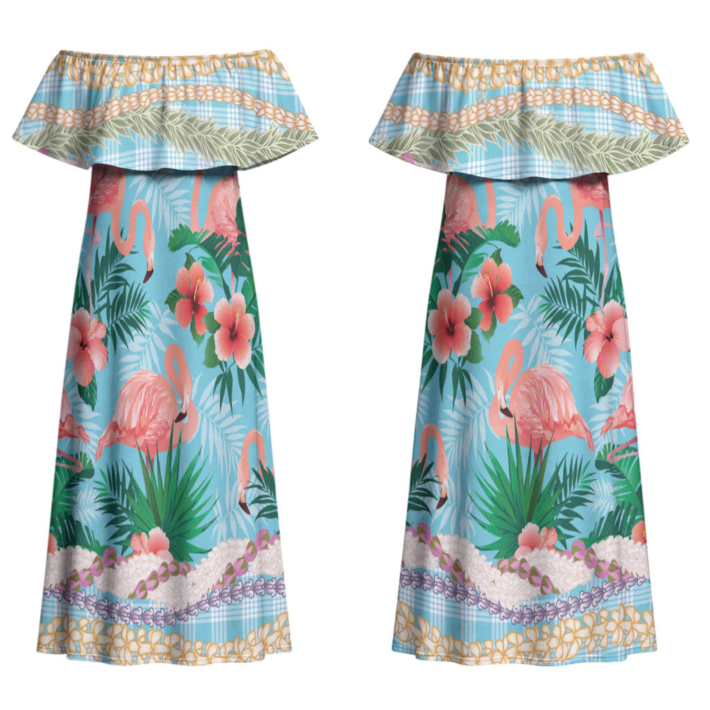 Flamingo Hawaii Summer Couples Matching Off Shoulder Maxi Dress and Long Sleeve Button Shirt Hawaiian Lei Pakala Motifs Tropical Style LT14 - Polynesian Pride