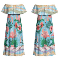 Flamingo Hawaii Summer Couples Matching Off Shoulder Maxi Dress and Long Sleeve Button Shirt Hawaiian Lei Pakala Motifs Tropical Style LT14 - Polynesian Pride