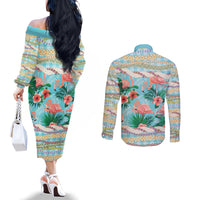 Flamingo Hawaii Summer Couples Matching Off The Shoulder Long Sleeve Dress and Long Sleeve Button Shirt Hawaiian Lei Pakala Motifs Tropical Style