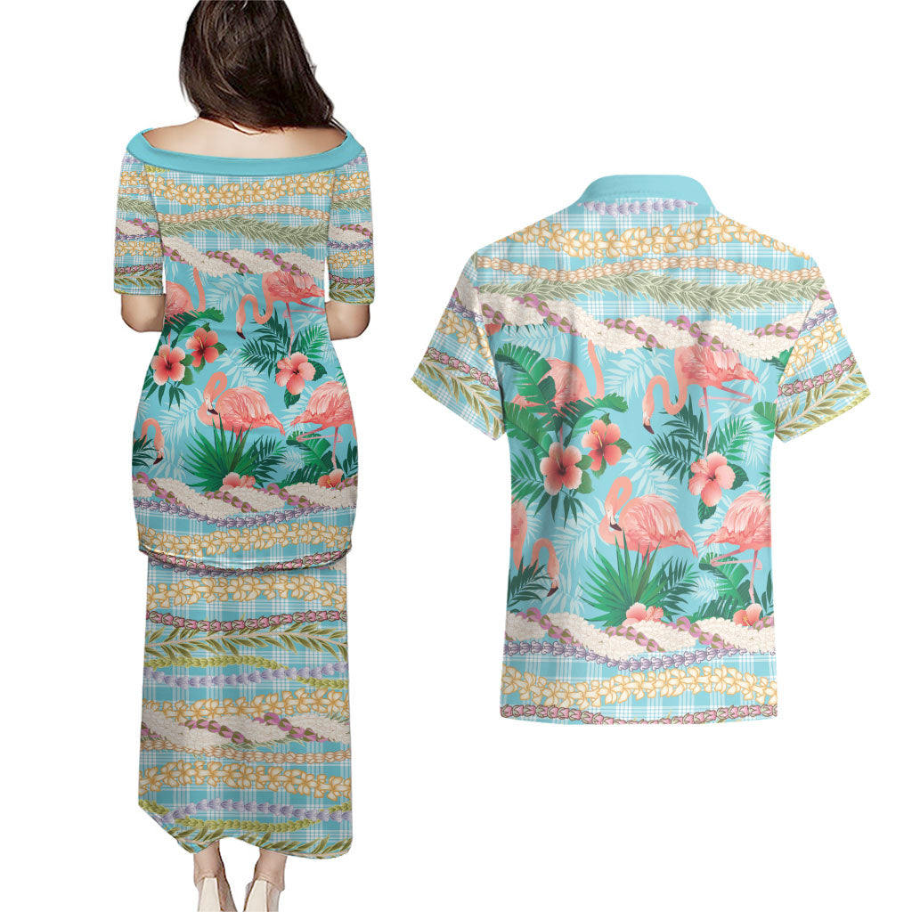 Flamingo Hawaii Summer Couples Matching Puletasi and Hawaiian Shirt Hawaiian Lei Pakala Motifs Tropical Style