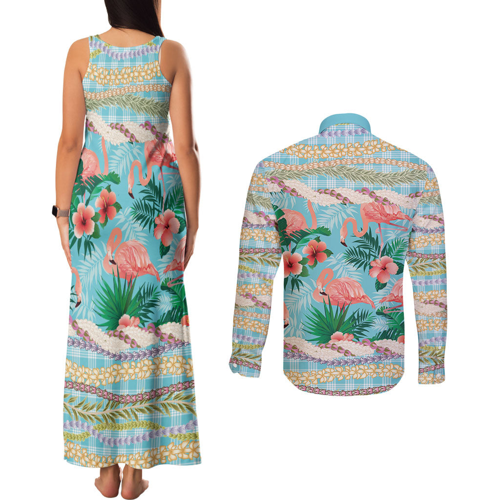 Flamingo Hawaii Summer Couples Matching Tank Maxi Dress and Long Sleeve Button Shirt Hawaiian Lei Pakala Motifs Tropical Style