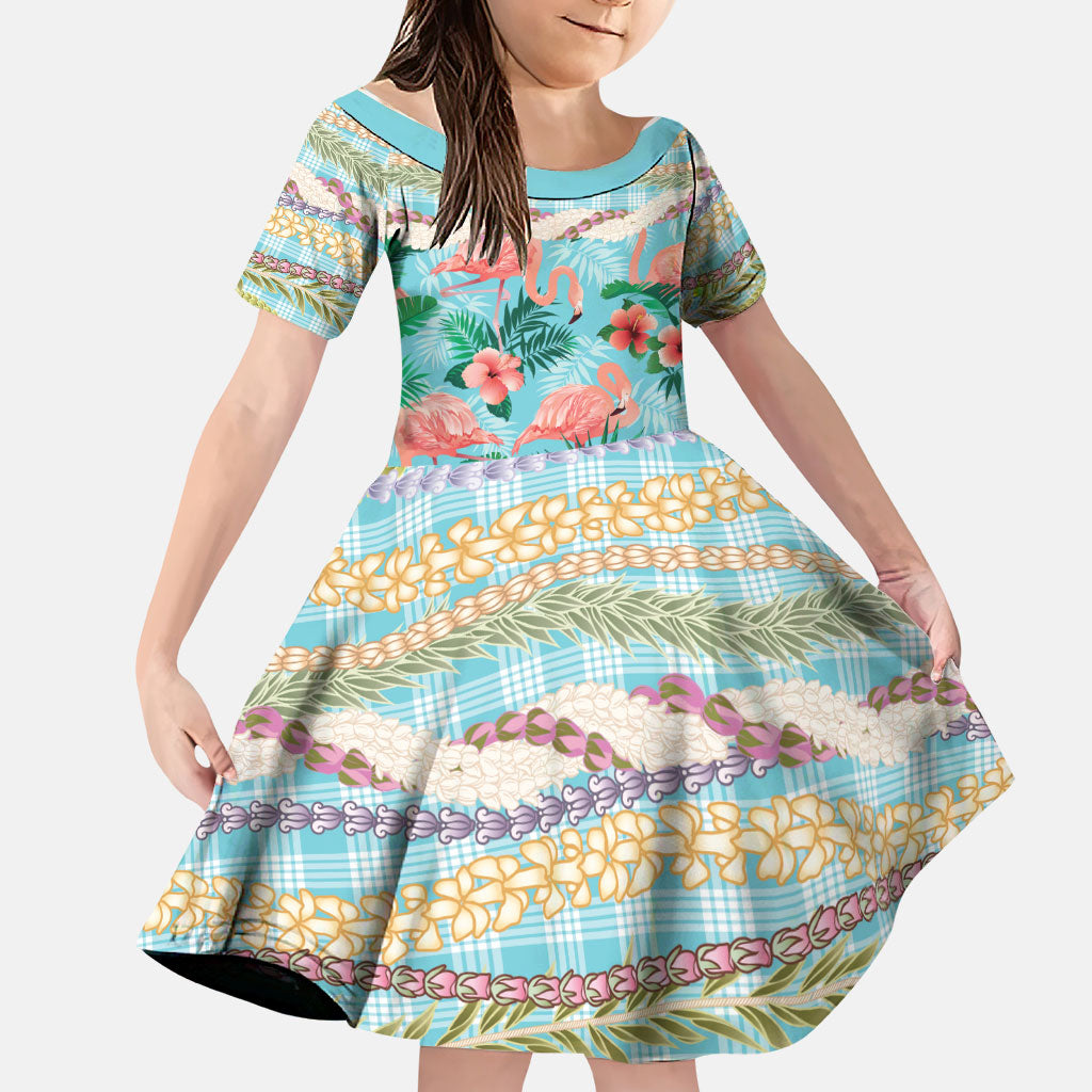 Flamingo Hawaii Summer Family Matching Off Shoulder Short Dress and Hawaiian Shirt Hawaiian Lei Pakala Motifs Tropical Style LT14 Daughter's Dress Cyan - Polynesian Pride