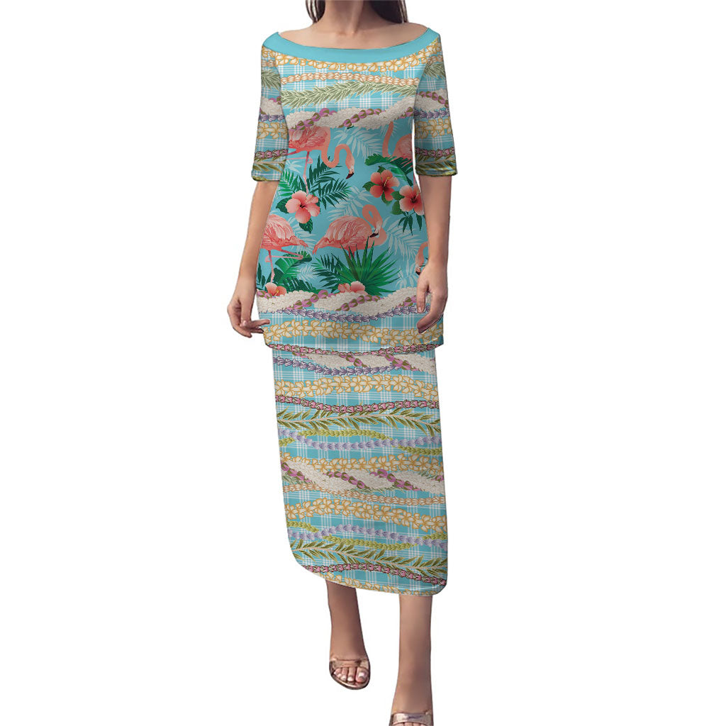 Flamingo Hawaii Summer Family Matching Puletasi and Hawaiian Shirt Hawaiian Lei Pakala Motifs Tropical Style LT14 Mom's Dress Cyan - Polynesian Pride
