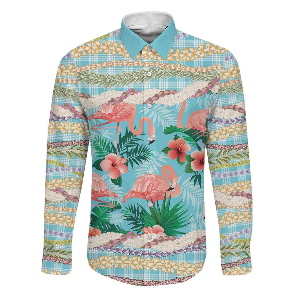 Flamingo Hawaii Summer Family Matching Short Sleeve Bodycon Dress and Hawaiian Shirt Hawaiian Lei Pakala Motifs Tropical Style LT14 Dad's Shirt - Long Sleeve Cyan - Polynesian Pride