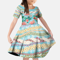 Flamingo Hawaii Summer Family Matching Summer Maxi Dress and Hawaiian Shirt Hawaiian Lei Pakala Motifs Tropical Style LT14 Daughter's Dress Cyan - Polynesian Pride