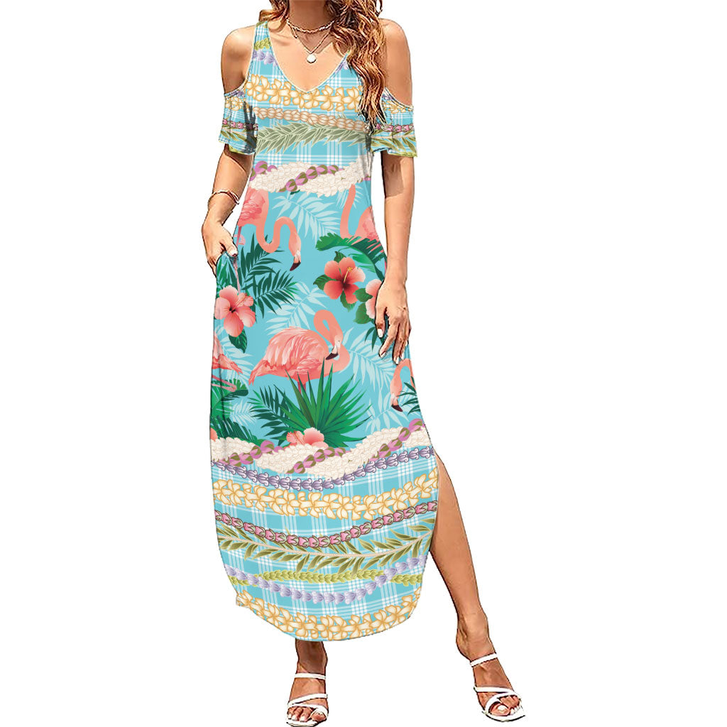 Flamingo Hawaii Summer Family Matching Summer Maxi Dress and Hawaiian Shirt Hawaiian Lei Pakala Motifs Tropical Style LT14 Mom's Dress Cyan - Polynesian Pride