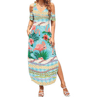 Flamingo Hawaii Summer Family Matching Summer Maxi Dress and Hawaiian Shirt Hawaiian Lei Pakala Motifs Tropical Style LT14 Mom's Dress Cyan - Polynesian Pride