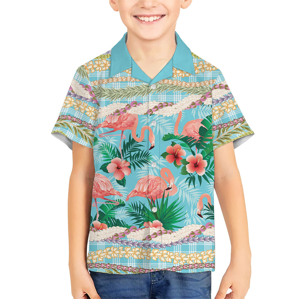 Flamingo Hawaii Summer Family Matching Summer Maxi Dress and Hawaiian Shirt Hawaiian Lei Pakala Motifs Tropical Style LT14 Son's Shirt Cyan - Polynesian Pride