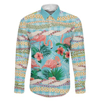Flamingo Hawaii Summer Family Matching Tank Maxi Dress and Hawaiian Shirt Hawaiian Lei Pakala Motifs Tropical Style LT14 Dad's Shirt - Long Sleeve Cyan - Polynesian Pride