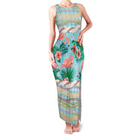 Flamingo Hawaii Summer Family Matching Tank Maxi Dress and Hawaiian Shirt Hawaiian Lei Pakala Motifs Tropical Style LT14 Mom's Dress Cyan - Polynesian Pride