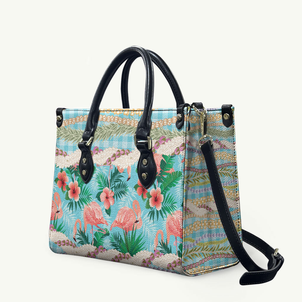 Flamingo Hawaii Summer Leather Bag Hawaiian Lei Pakala Motifs Tropical Style LT14 Cyan - Polynesian Pride