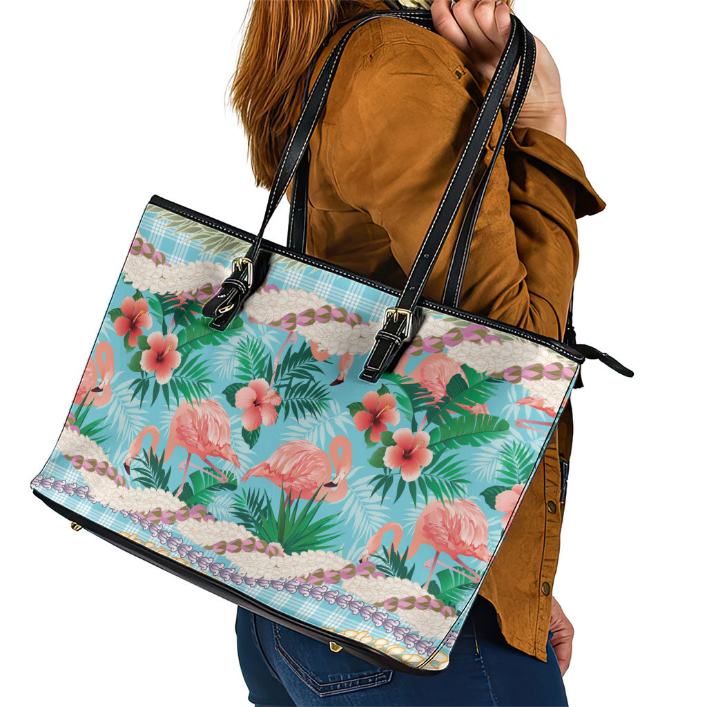 Flamingo Hawaii Summer Leather Tote Bag Hawaiian Lei Pakala Motifs Tropical Style