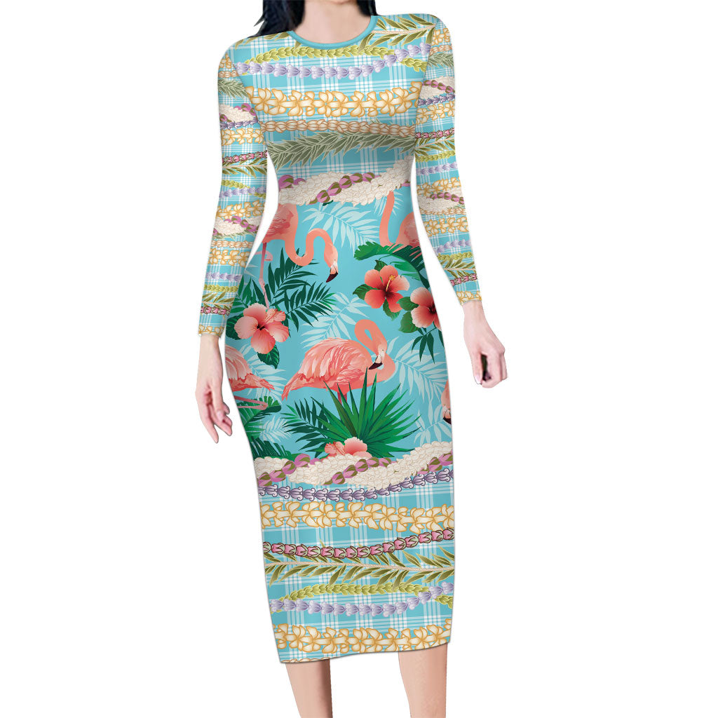 Flamingo Hawaii Summer Long Sleeve Bodycon Dress Hawaiian Lei Pakala Motifs Tropical Style