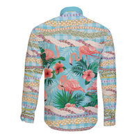 Flamingo Hawaii Summer Long Sleeve Button Shirt Hawaiian Lei Pakala Motifs Tropical Style