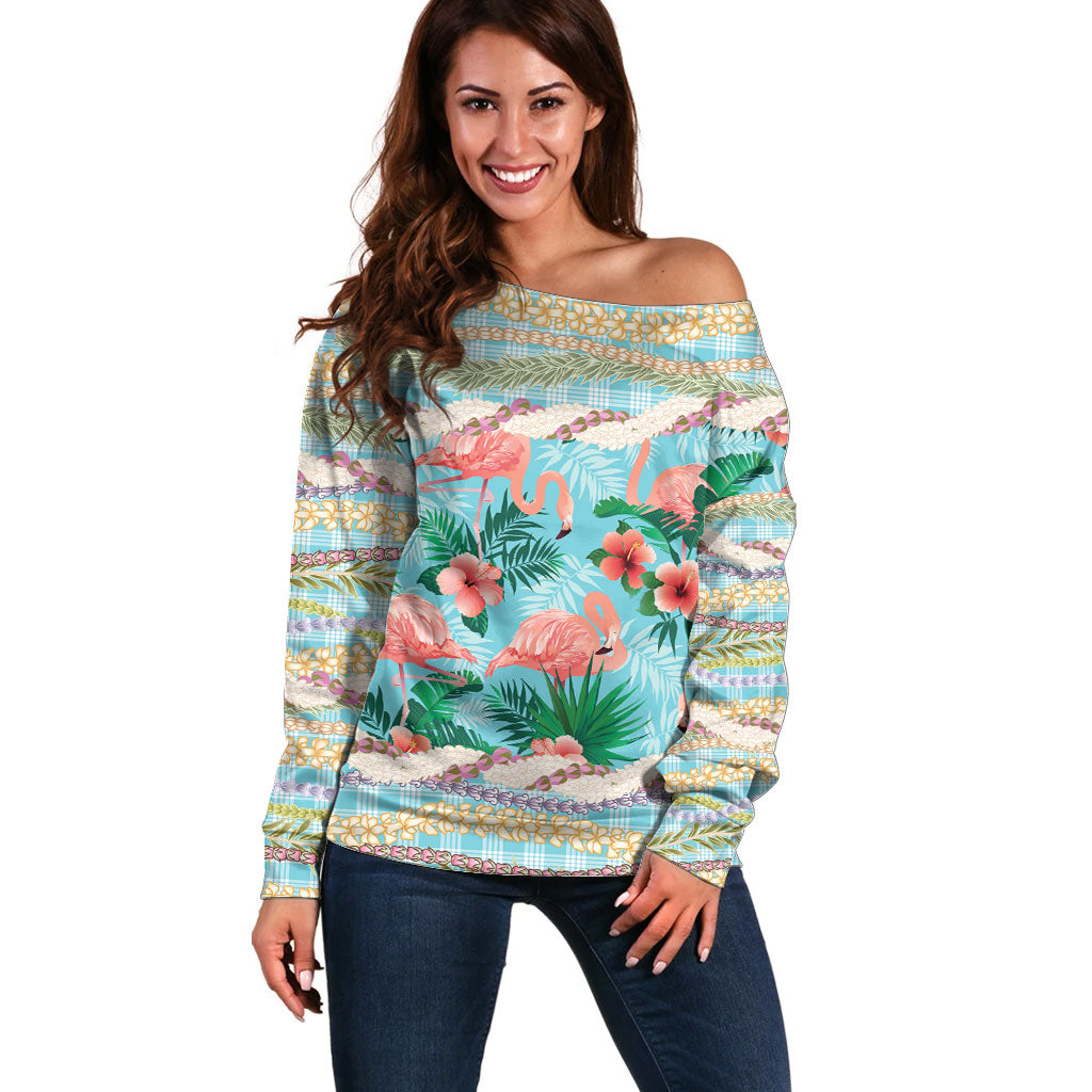 Flamingo Hawaii Summer Off Shoulder Sweater Hawaiian Lei Pakala Motifs Tropical Style