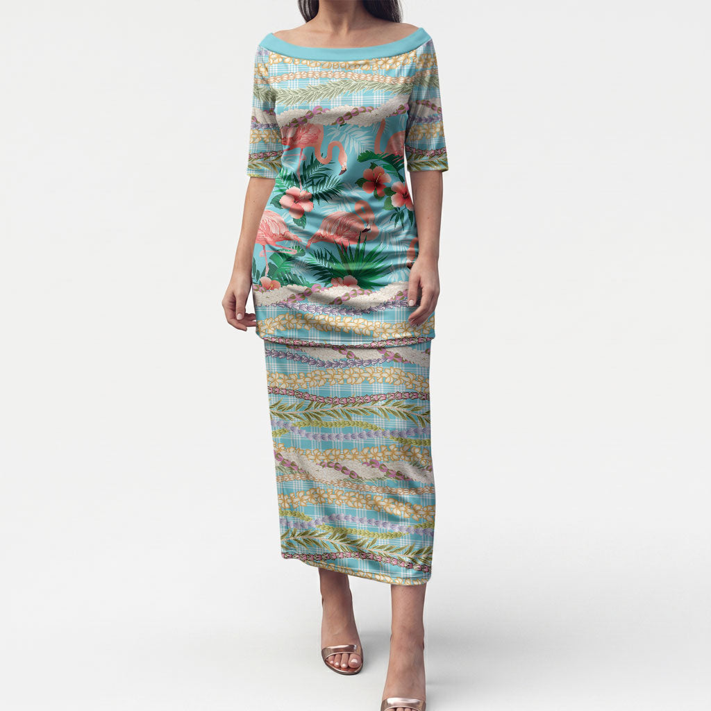 Flamingo Hawaii Summer Puletasi Hawaiian Lei Pakala Motifs Tropical Style LT14 Long Dress Cyan - Polynesian Pride