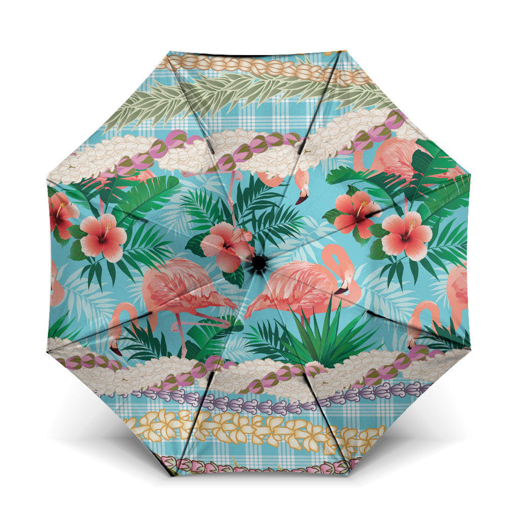 Flamingo Hawaii Summer Umbrella Hawaiian Lei Pakala Motifs Tropical Style LT14 One Size Folded 11.42 inch Opened Diameter 37.4 inch Cyan - Polynesian Pride