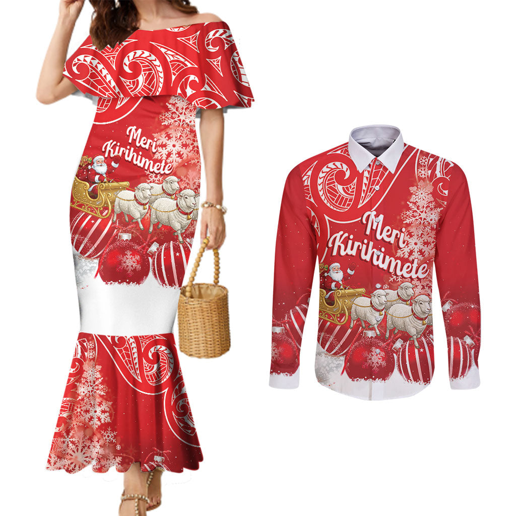 New Zealand Christmas In July Personalised Couples Matching Mermaid Dress and Long Sleeve Button Shirt Funny Santa Sheep Meri Kirihimete Red LT14 Red - Polynesian Pride