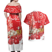 New Zealand Christmas In July Personalised Couples Matching Off Shoulder Maxi Dress and Hawaiian Shirt Funny Santa Sheep Meri Kirihimete Red LT14 - Polynesian Pride