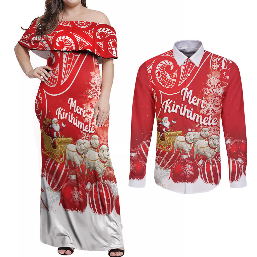 New Zealand Christmas In July Personalised Couples Matching Off Shoulder Maxi Dress and Long Sleeve Button Shirt Funny Santa Sheep Meri Kirihimete Red LT14 Red - Polynesian Pride