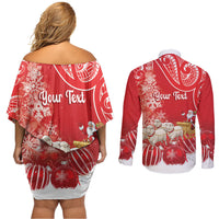 New Zealand Christmas In July Personalised Couples Matching Off Shoulder Short Dress and Long Sleeve Button Shirt Funny Santa Sheep Meri Kirihimete Red LT14 - Polynesian Pride