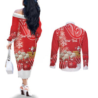 New Zealand Christmas In July Personalised Couples Matching Off The Shoulder Long Sleeve Dress and Long Sleeve Button Shirt Funny Santa Sheep Meri Kirihimete Red LT14 - Polynesian Pride