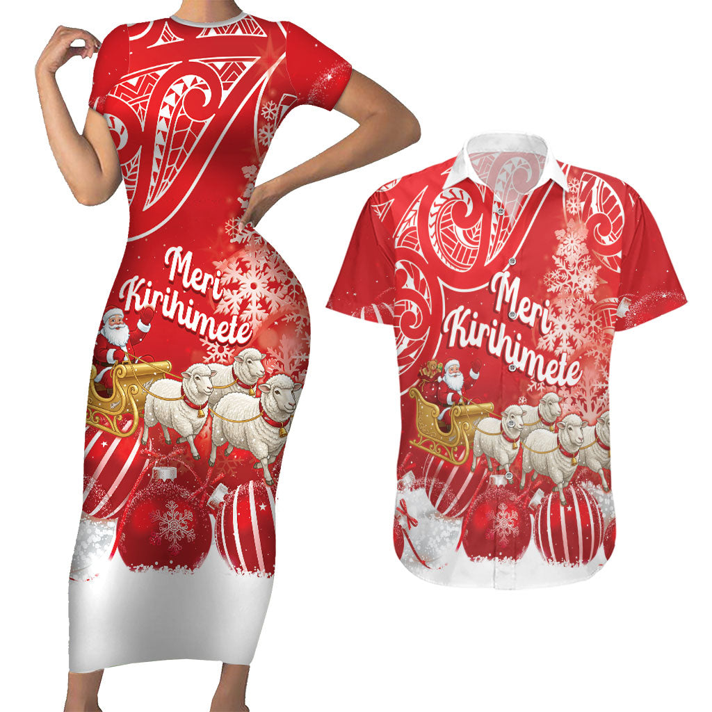 New Zealand Christmas In July Personalised Couples Matching Short Sleeve Bodycon Dress and Hawaiian Shirt Funny Santa Sheep Meri Kirihimete Red LT14 Red - Polynesian Pride
