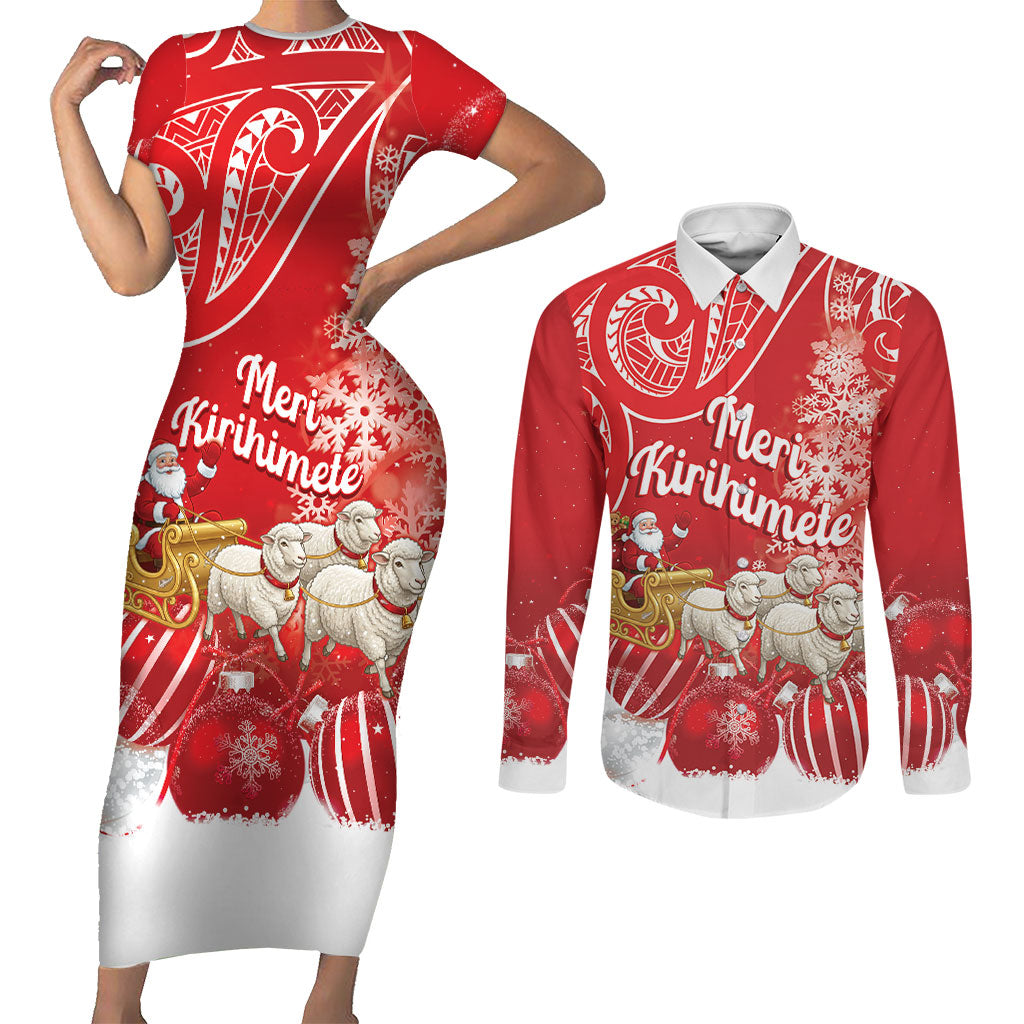 New Zealand Christmas In July Personalised Couples Matching Short Sleeve Bodycon Dress and Long Sleeve Button Shirt Funny Santa Sheep Meri Kirihimete Red LT14 Red - Polynesian Pride