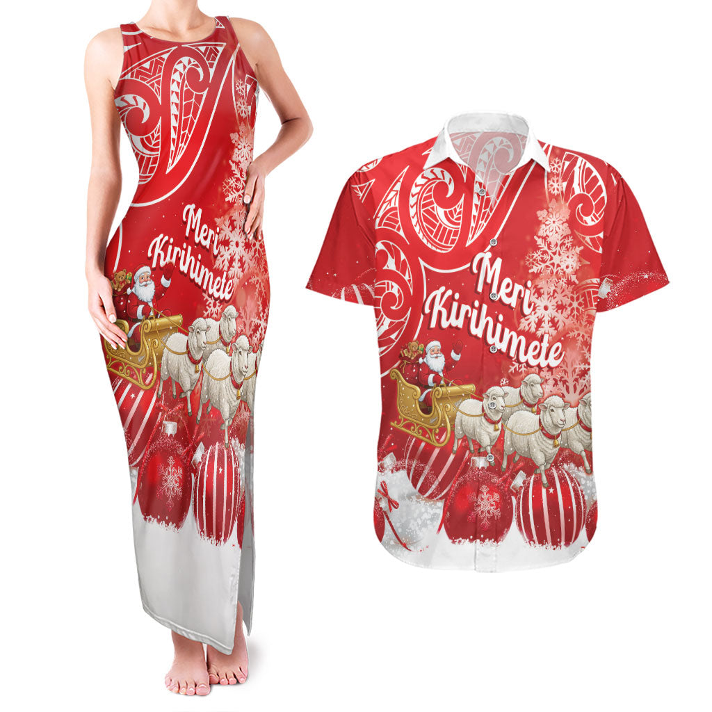 New Zealand Christmas In July Personalised Couples Matching Tank Maxi Dress and Hawaiian Shirt Funny Santa Sheep Meri Kirihimete Red LT14 Red - Polynesian Pride
