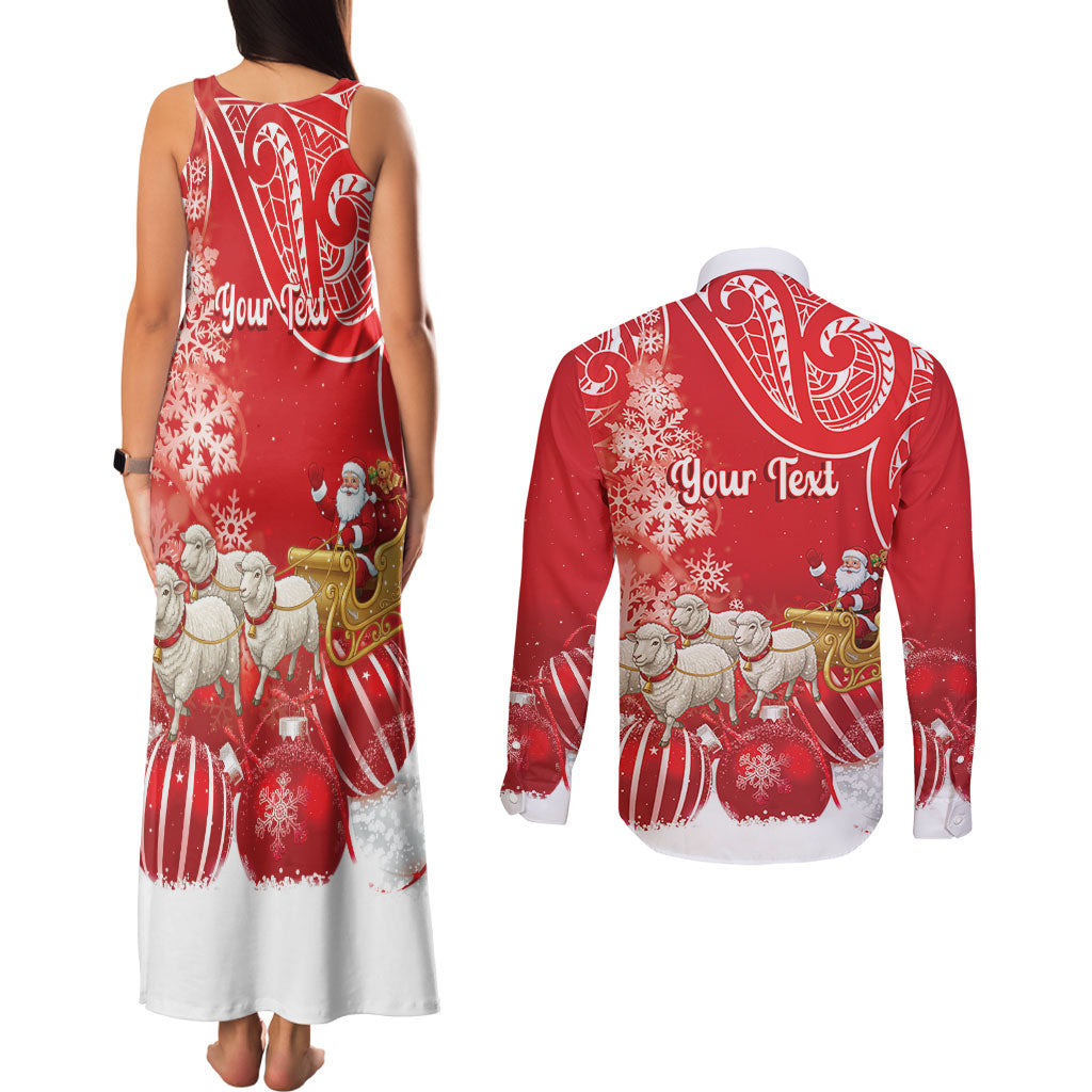 New Zealand Christmas In July Personalised Couples Matching Tank Maxi Dress and Long Sleeve Button Shirt Funny Santa Sheep Meri Kirihimete Red LT14 - Polynesian Pride