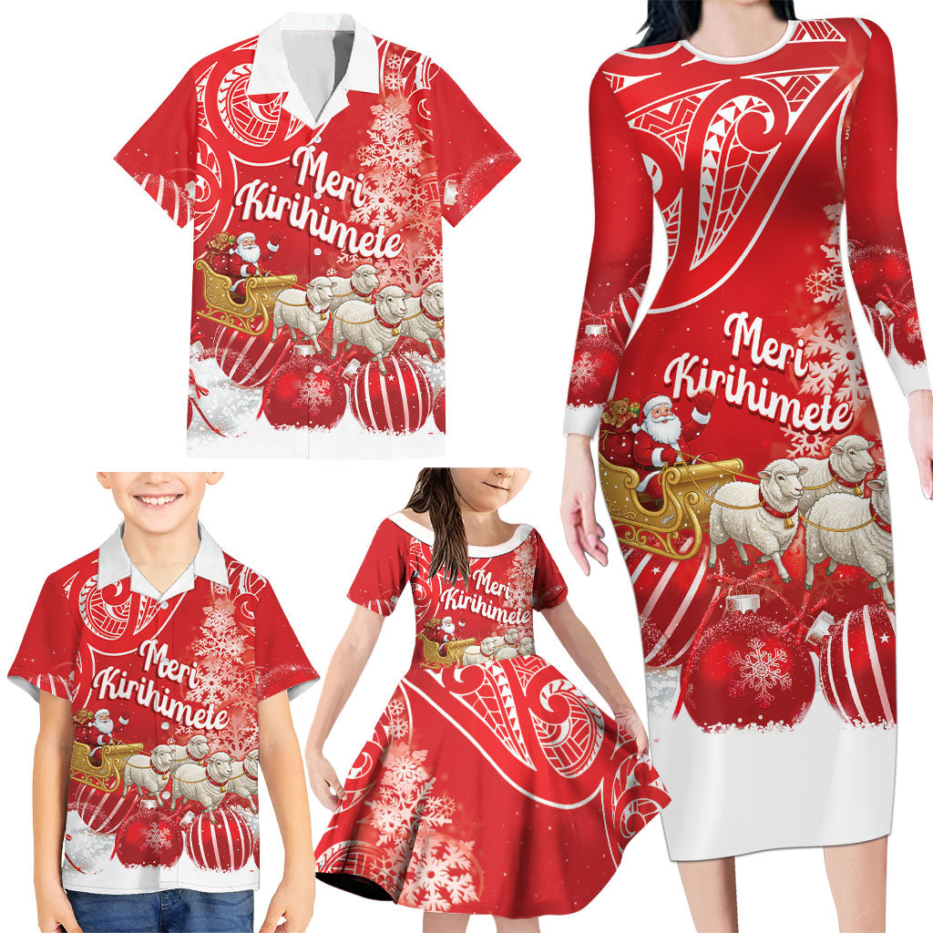 New Zealand Christmas In July Personalised Family Matching Long Sleeve Bodycon Dress and Hawaiian Shirt Funny Santa Sheep Meri Kirihimete Red LT14 - Polynesian Pride