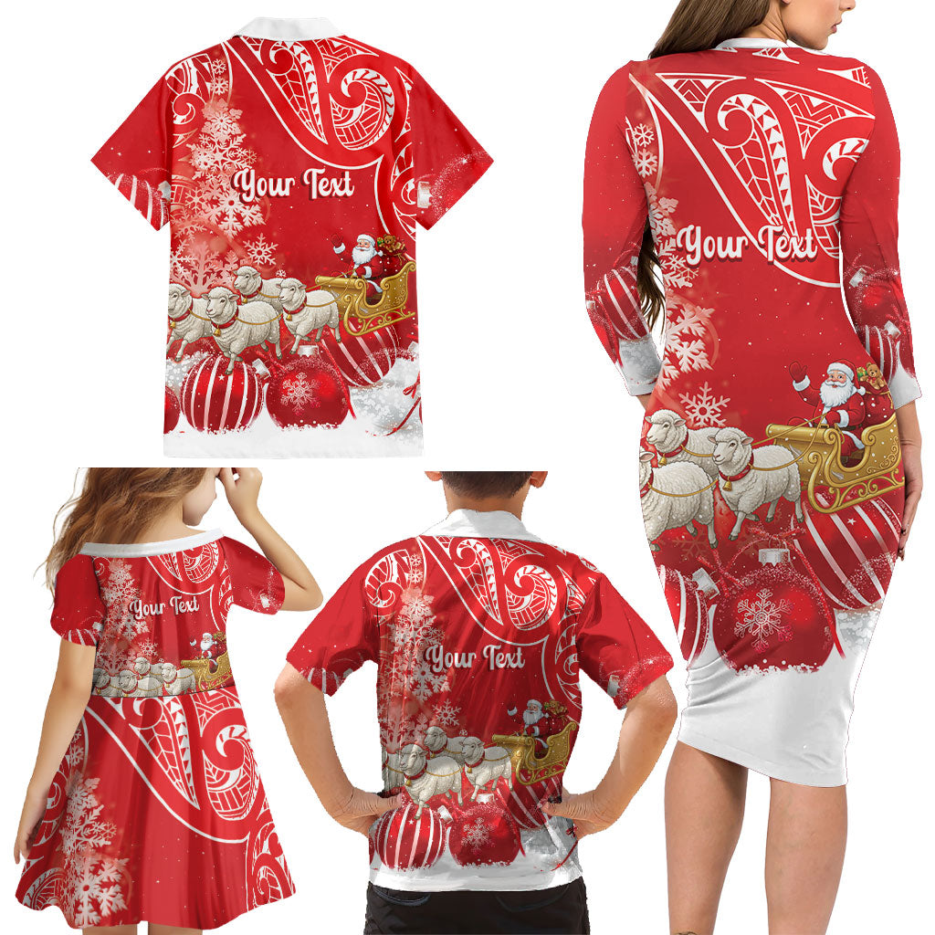 New Zealand Christmas In July Personalised Family Matching Long Sleeve Bodycon Dress and Hawaiian Shirt Funny Santa Sheep Meri Kirihimete Red LT14 - Polynesian Pride