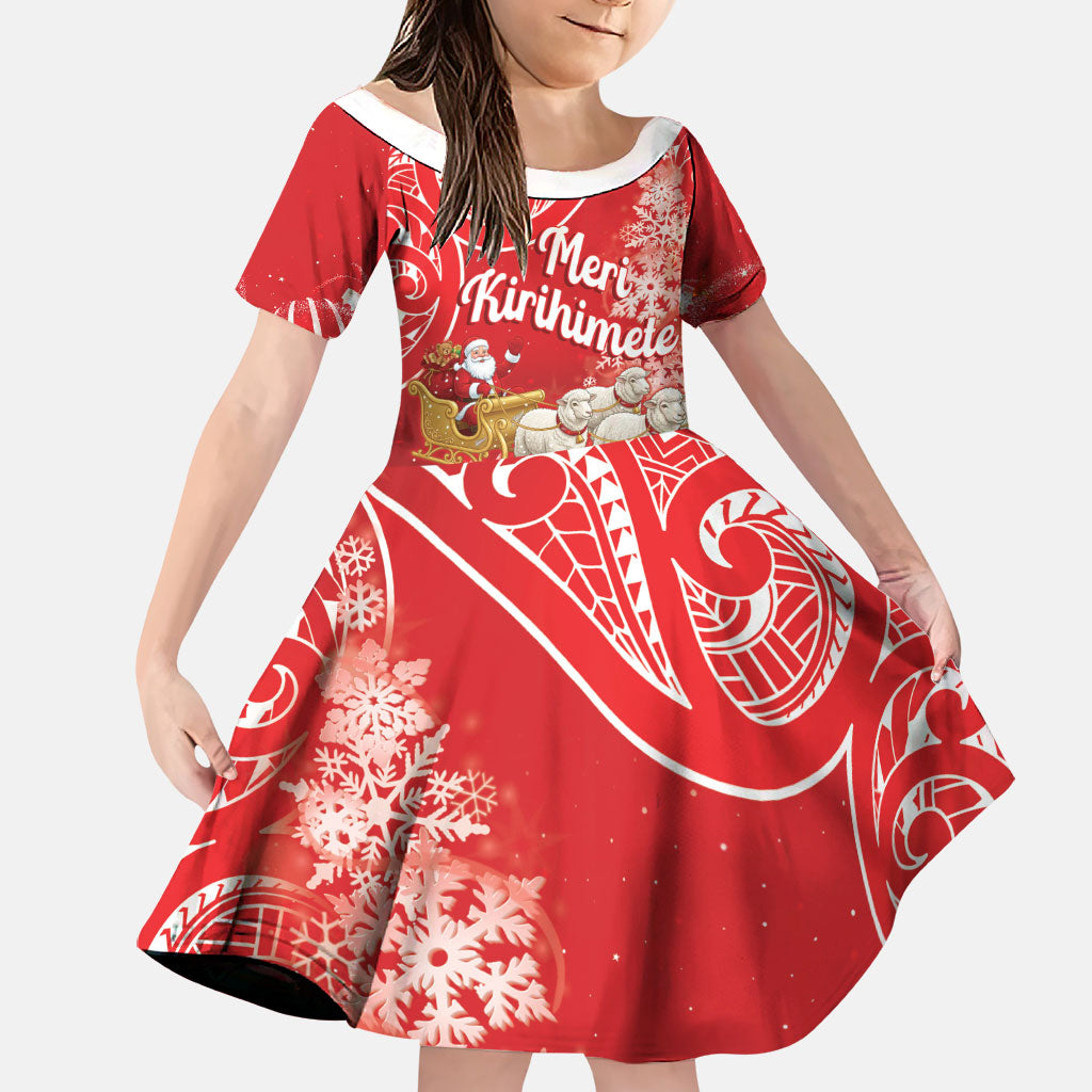 New Zealand Christmas In July Personalised Family Matching Off Shoulder Maxi Dress and Hawaiian Shirt Funny Santa Sheep Meri Kirihimete Red LT14 Daughter's Dress Red - Polynesian Pride