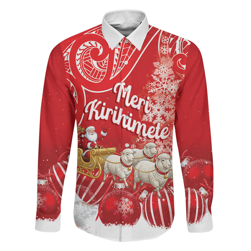 New Zealand Christmas In July Personalised Family Matching Off Shoulder Short Dress and Hawaiian Shirt Funny Santa Sheep Meri Kirihimete Red LT14 Dad's Shirt - Long Sleeve Red - Polynesian Pride