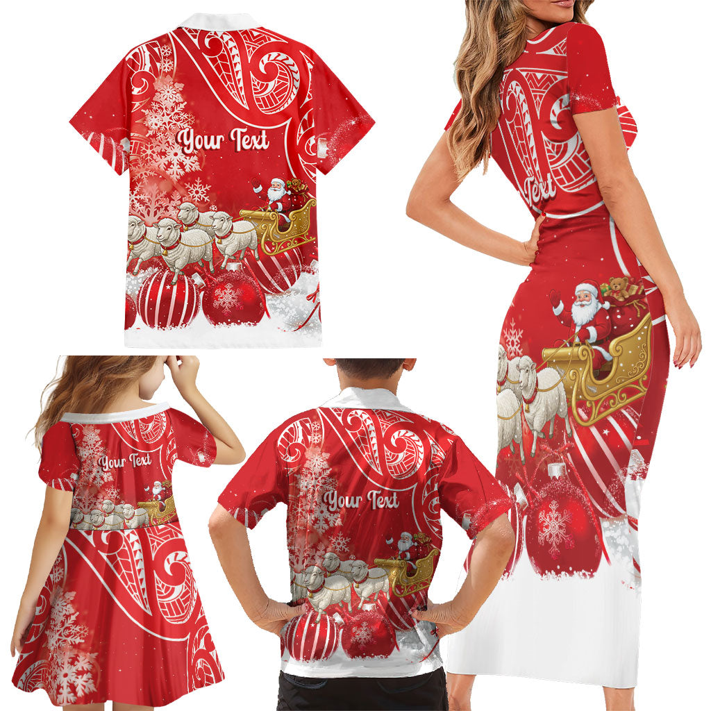 New Zealand Christmas In July Personalised Family Matching Short Sleeve Bodycon Dress and Hawaiian Shirt Funny Santa Sheep Meri Kirihimete Red LT14 - Polynesian Pride