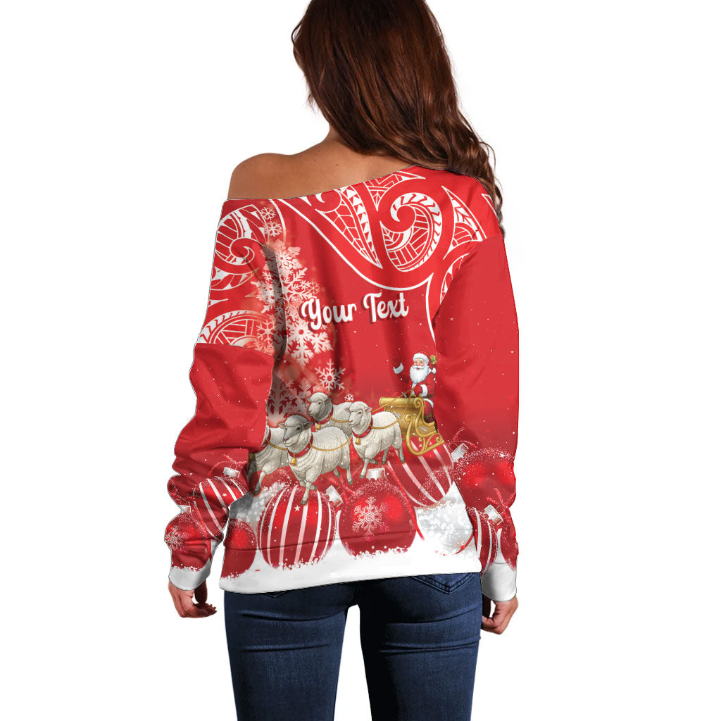 New Zealand Christmas In July Personalised Off Shoulder Sweater Funny Santa Sheep Meri Kirihimete Red