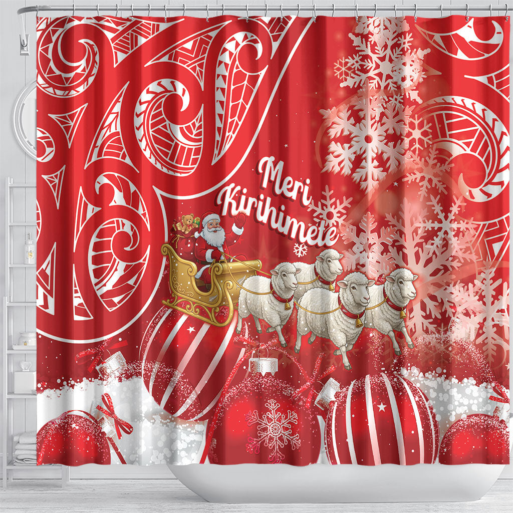 New Zealand Christmas In July Shower Curtain Funny Santa Sheep Meri Kirihimete Red LT14 - Polynesian Pride