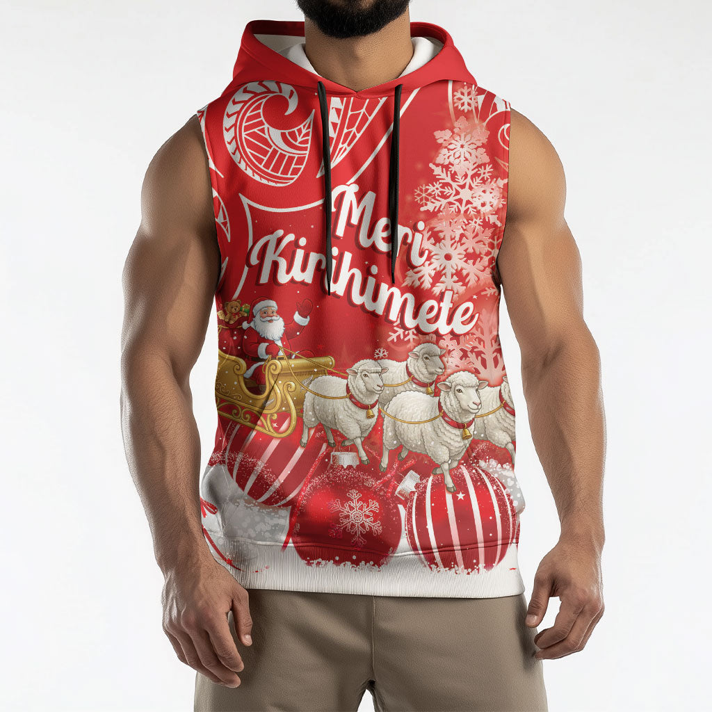 New Zealand Christmas In July Personalised Sleeveless Hoodie Funny Santa Sheep Meri Kirihimete Red LT14 - Polynesian Pride