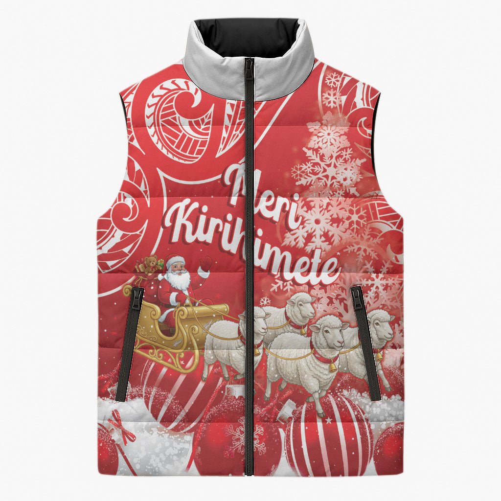 New Zealand Christmas In July Personalised Sleeveless Puffer Jacket Funny Santa Sheep Meri Kirihimete Red