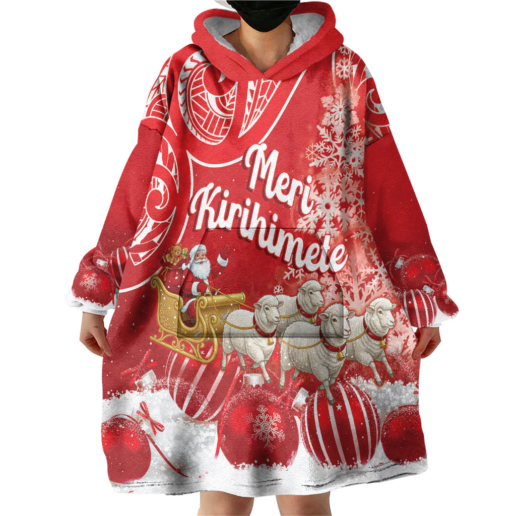 New Zealand Christmas In July Personalised Wearable Blanket Hoodie Funny Santa Sheep Meri Kirihimete Red LT14 - Polynesian Pride