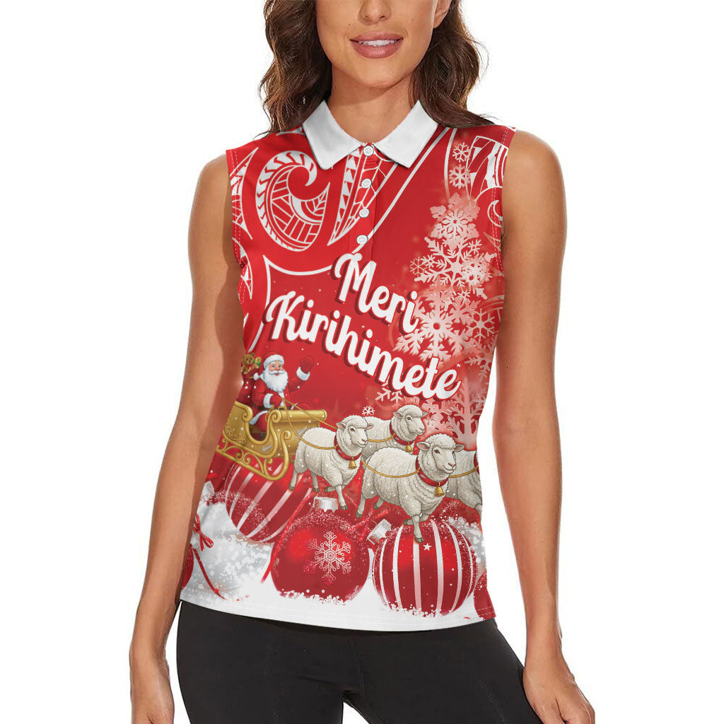New Zealand Christmas In July Personalised Women Sleeveless Polo Shirt Funny Santa Sheep Meri Kirihimete Red LT14 - Polynesian Pride