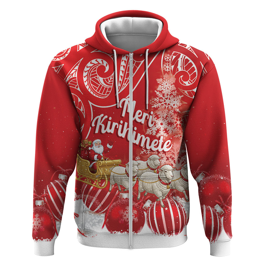 New Zealand Christmas In July Personalised Zip Hoodie Funny Santa Sheep Meri Kirihimete Red LT14 Zip Hoodie Red - Polynesian Pride