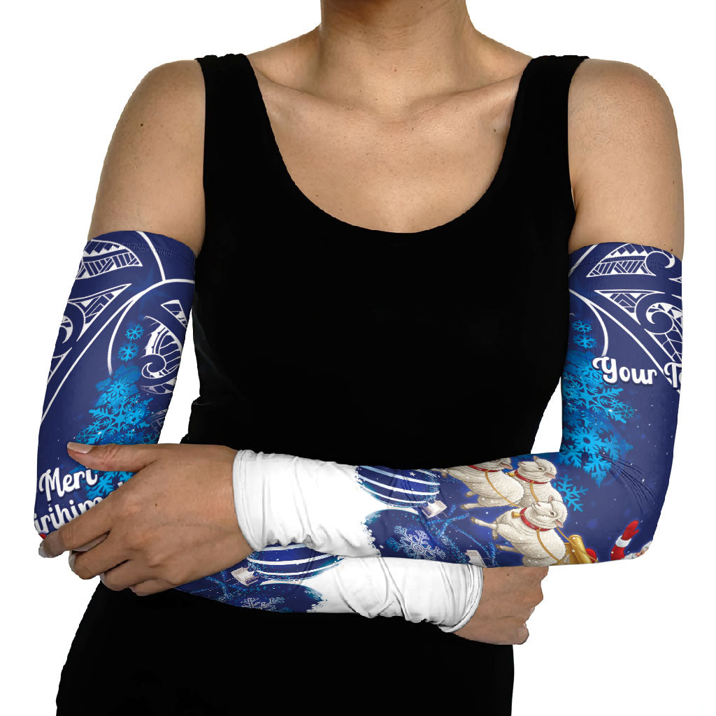 New Zealand Christmas In July Personalised Arm Sleeves Funny Santa Sheep Meri Kirihimete Blue LT14 - Polynesian Pride