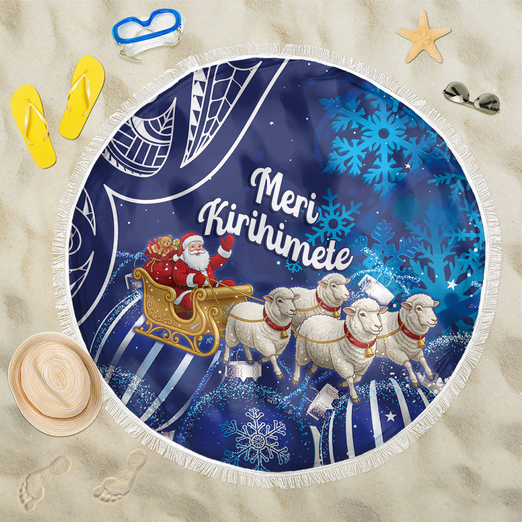 New Zealand Christmas In July Beach Blanket Funny Santa Sheep Meri Kirihimete Blue LT14 One Size 150cm Blue - Polynesian Pride