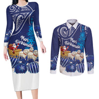 New Zealand Christmas In July Personalised Couples Matching Long Sleeve Bodycon Dress and Long Sleeve Button Shirt Funny Santa Sheep Meri Kirihimete Blue LT14 Blue - Polynesian Pride