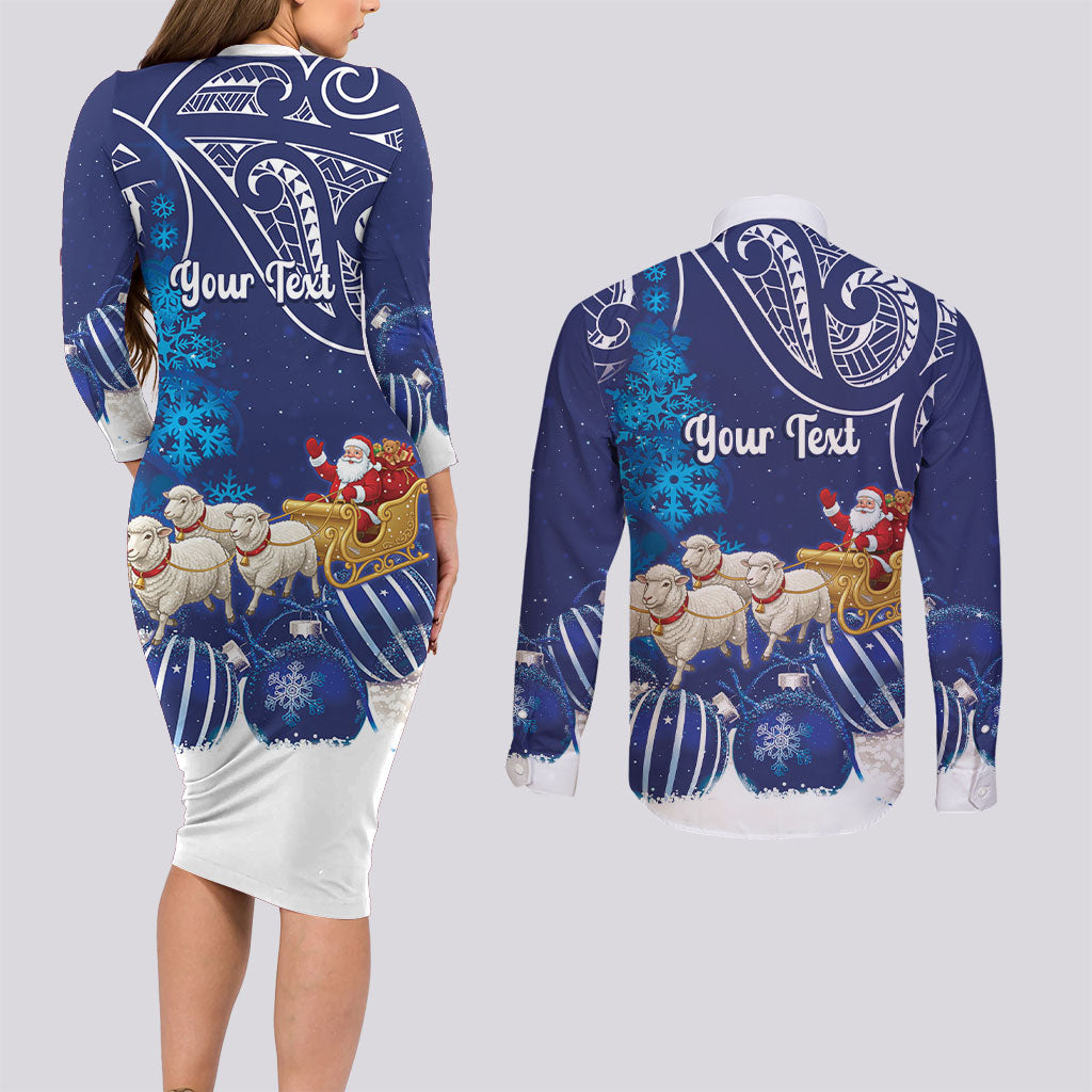 New Zealand Christmas In July Personalised Couples Matching Long Sleeve Bodycon Dress and Long Sleeve Button Shirt Funny Santa Sheep Meri Kirihimete Blue LT14 - Polynesian Pride