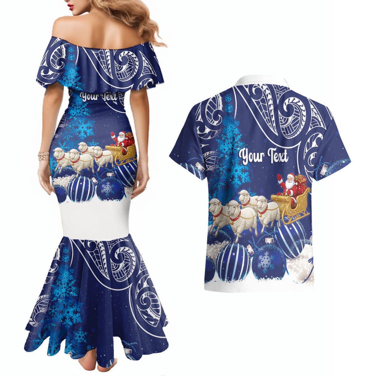 New Zealand Christmas In July Personalised Couples Matching Mermaid Dress and Hawaiian Shirt Funny Santa Sheep Meri Kirihimete Blue LT14 - Polynesian Pride
