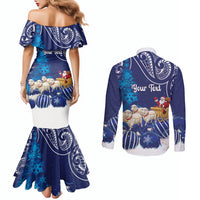 New Zealand Christmas In July Personalised Couples Matching Mermaid Dress and Long Sleeve Button Shirt Funny Santa Sheep Meri Kirihimete Blue LT14 - Polynesian Pride