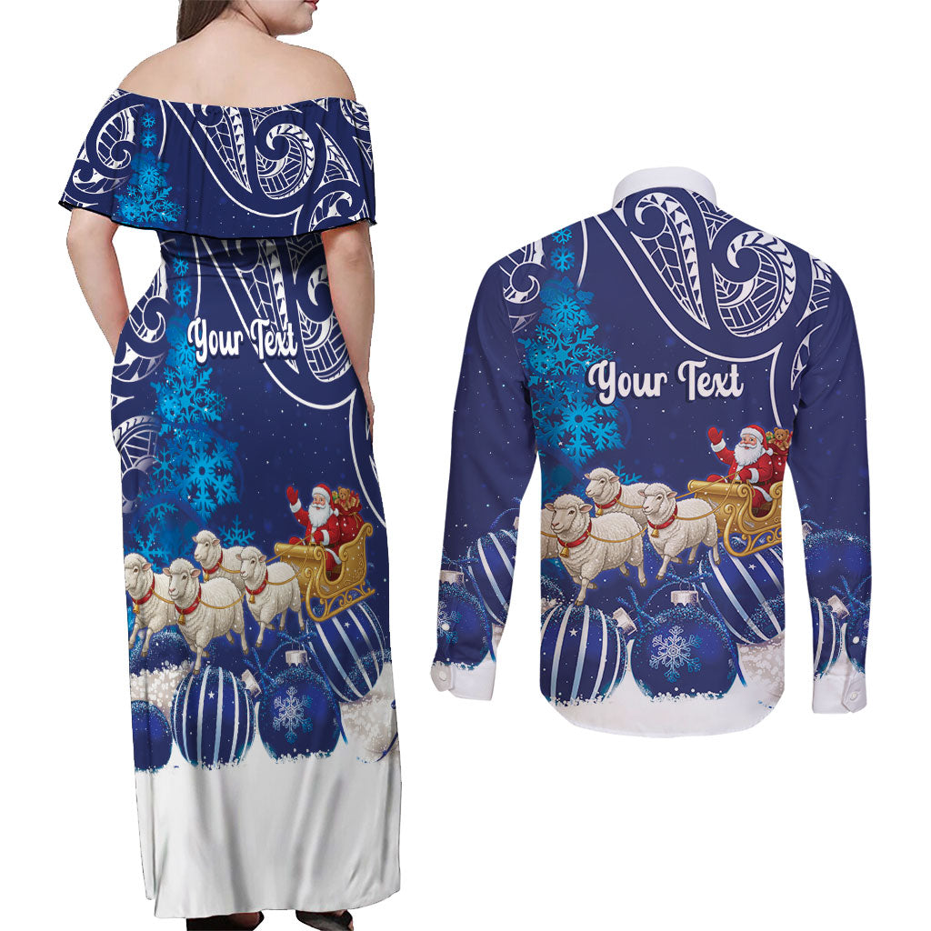 New Zealand Christmas In July Personalised Couples Matching Off Shoulder Maxi Dress and Long Sleeve Button Shirt Funny Santa Sheep Meri Kirihimete Blue LT14 - Polynesian Pride