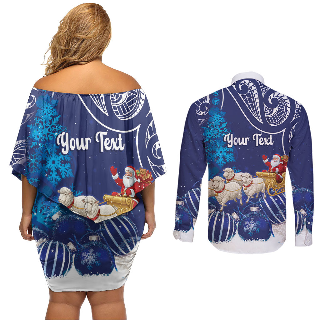 New Zealand Christmas In July Personalised Couples Matching Off Shoulder Short Dress and Long Sleeve Button Shirt Funny Santa Sheep Meri Kirihimete Blue LT14 - Polynesian Pride